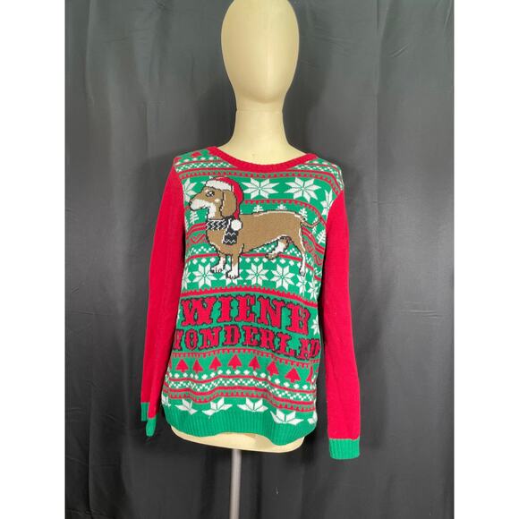 Ugly Christmas Sweater, Wiener Wonderland, Santa Hat Wiener Dog Snowflakes - Picture 1 of 7